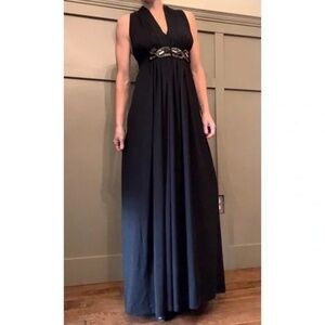 Chan Luu Draped Beaded Grecian Goddess Maxi Dress Gown in Black Size Small